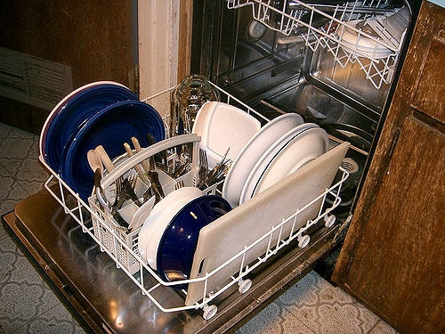 A fully loaded dishwasher.