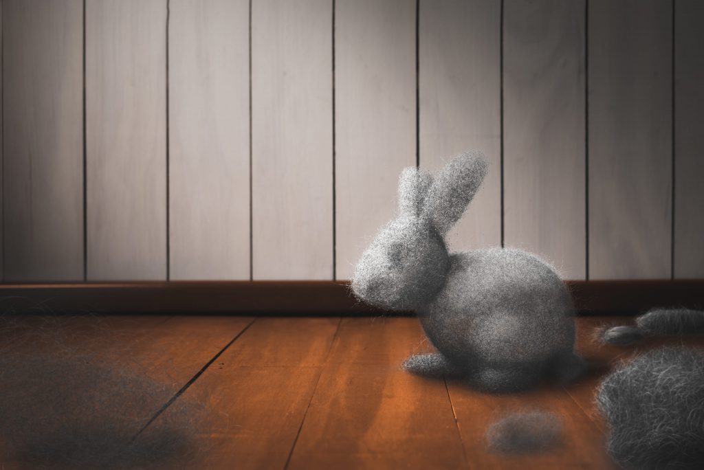 Cleaning the house concept with dust bunny on a dirty floor / mixed media, 3D Elements in this image