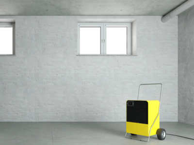 Yellow and black dehumidifier in an empty basement