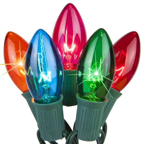 Multi colored holiday light bulbs sparkle.