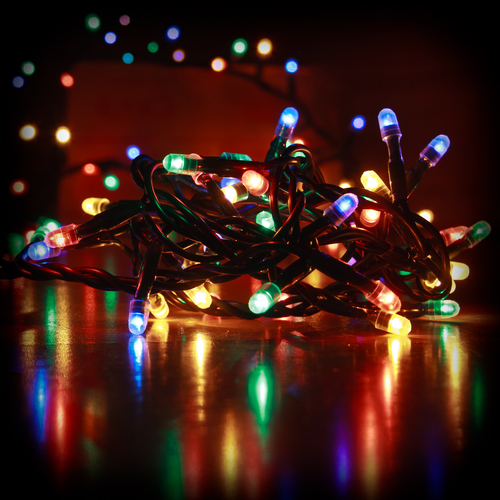 A brightly lit strand of LED holiday lights.