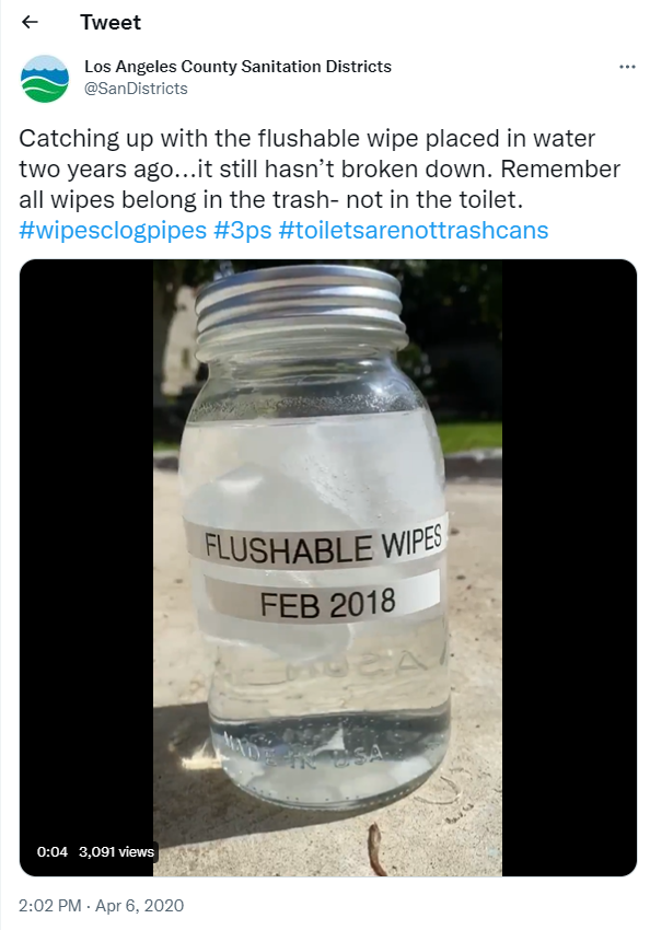 Tweet from Los Angeles Sanitation showing two year-old jar with undissolved wipes.