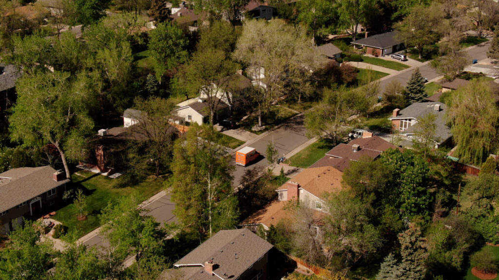 Aerial view of a Colorado neighborhood on a sunny day.