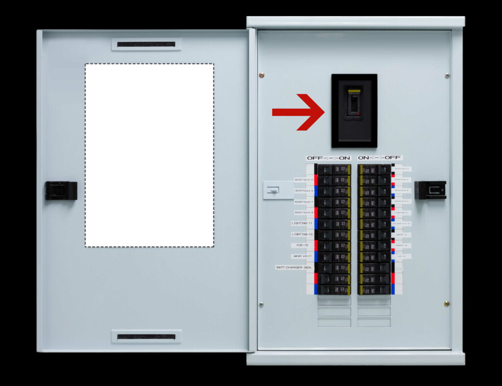 A home electrical panel with arrow pointing at shut off switch.