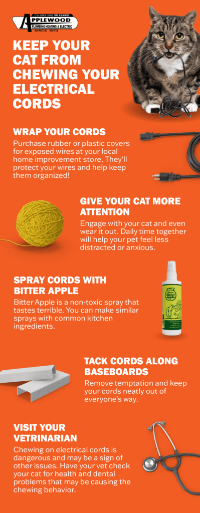 Infographic showing ways to keep your cat from chewing on your electrical cords.
