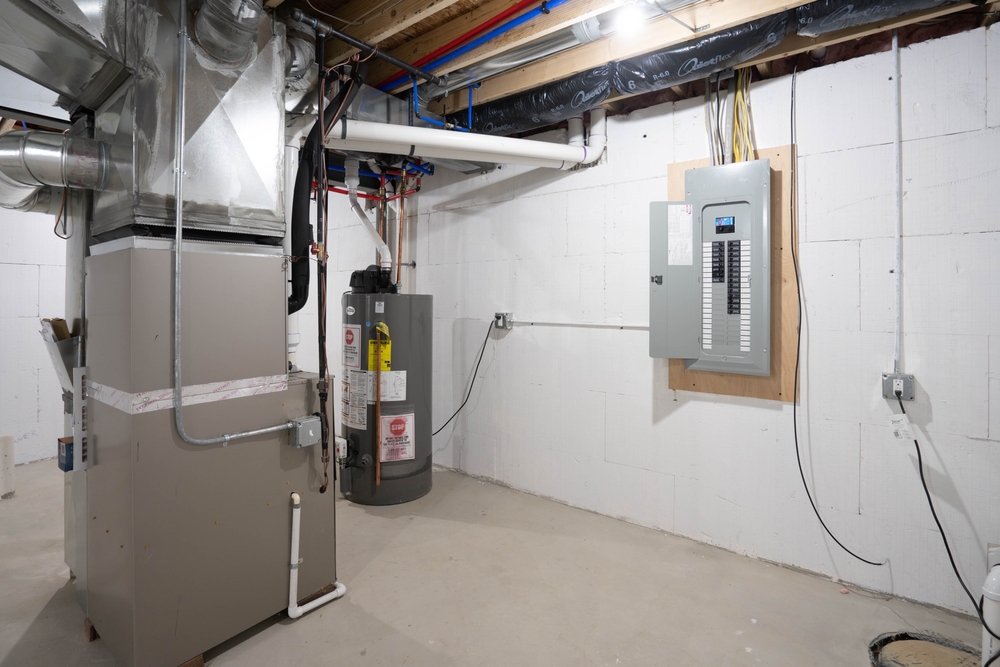 A furnace in a home's basement with ductwork coming out of its top.